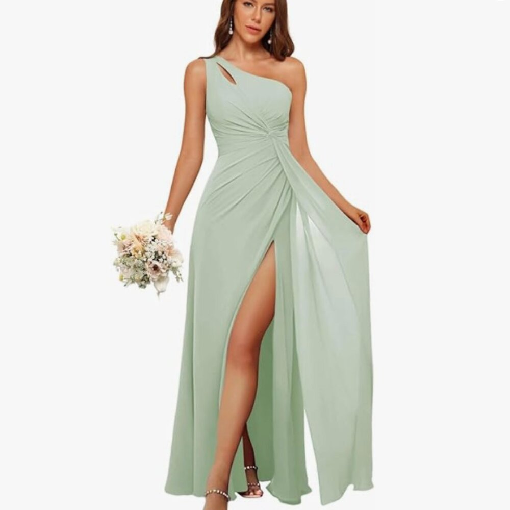NWT Clothfun One Shoulder Pleated Bridesmaid Dress Long A Line Chiffon Sage